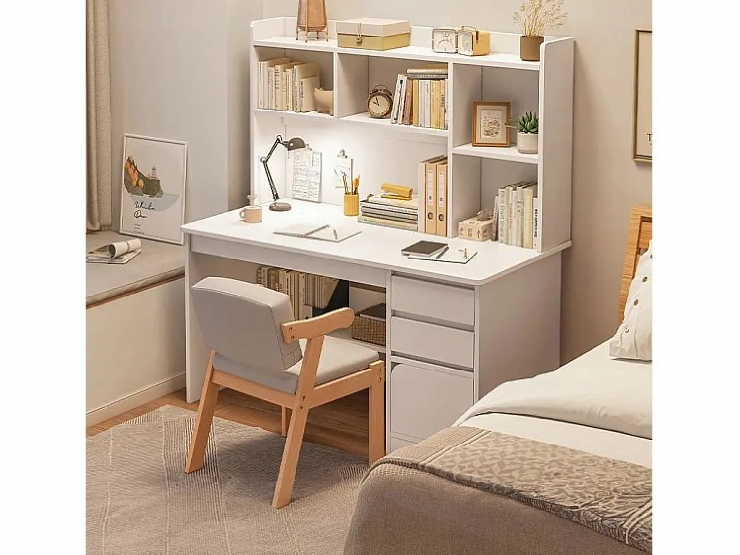 Online Escritorio para jóvenes con ordenador mesa con estantería estantes cajones Blanco
