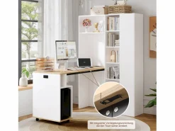 New Merax Escritorio plegable con estantes + USB - 104 x 30,5 x 160 cm - Librería y escritorio 2 en 1 - MDF - Blanco