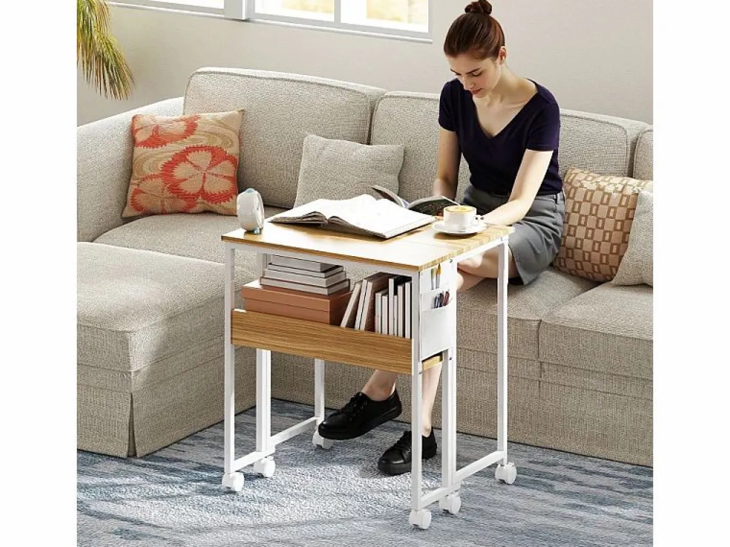 Escritorio plegable, diseño compacto, madera, natural, con estante y ruedas (63x50x75 cm)