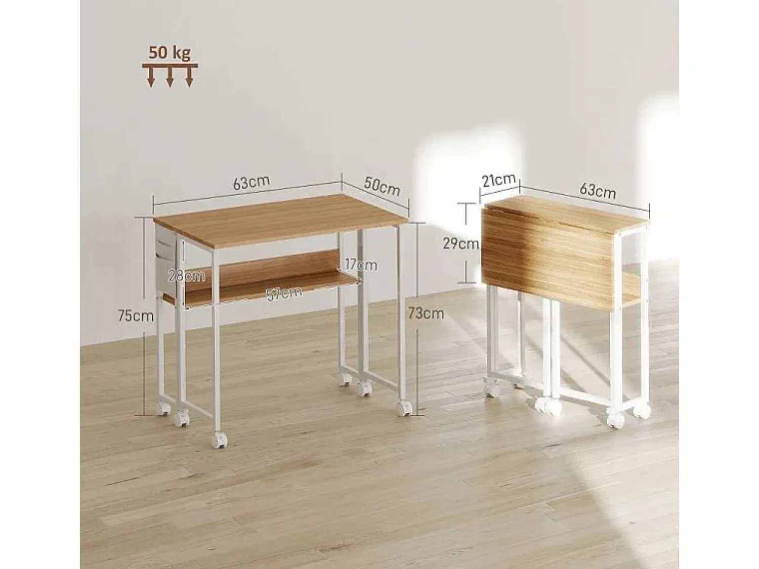 Escritorio plegable, diseño compacto, madera, natural, con estante y ruedas (63x50x75 cm)