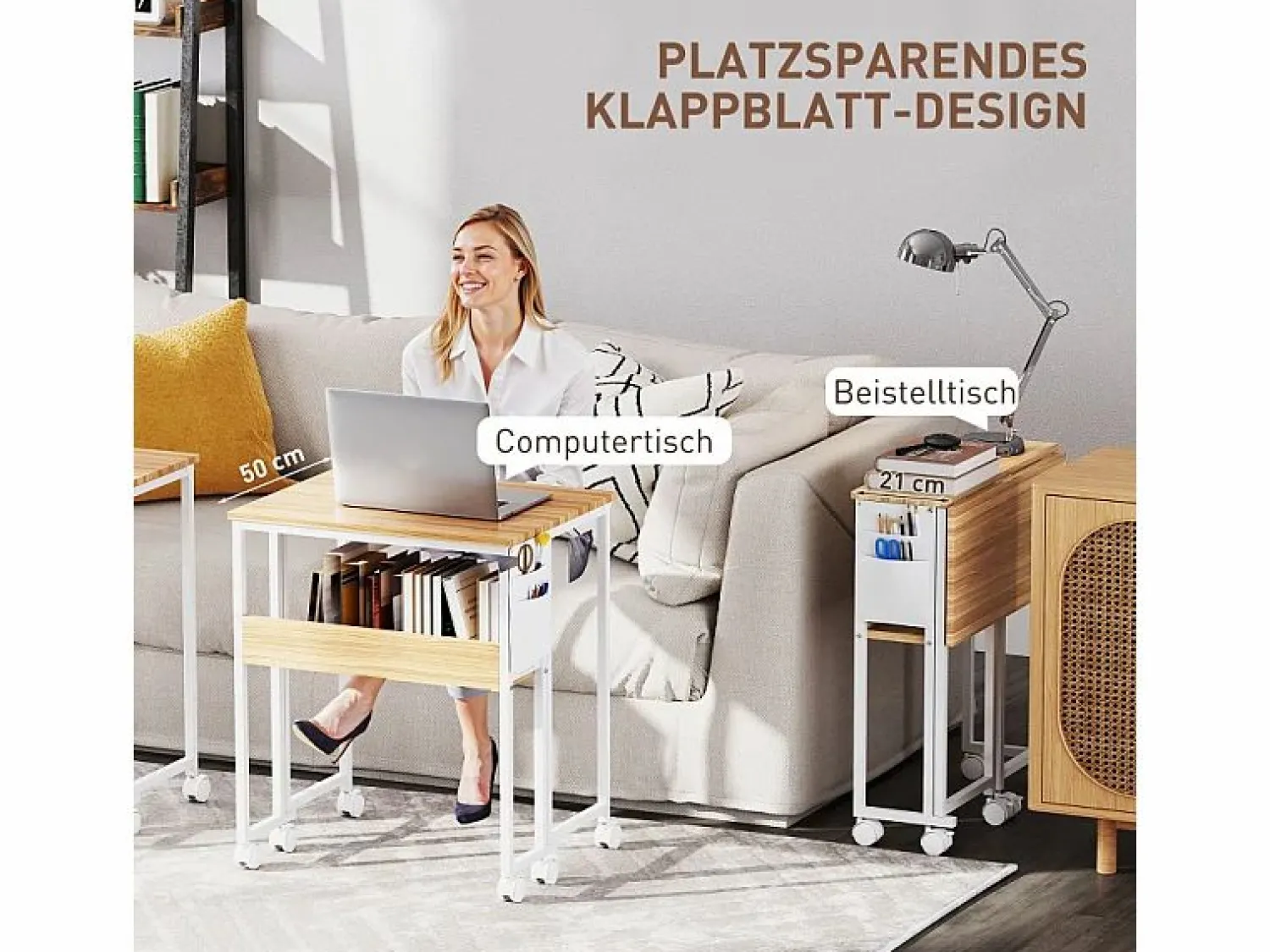 Escritorio plegable, diseño compacto, madera, natural, con estante y ruedas (63x50x75 cm)
