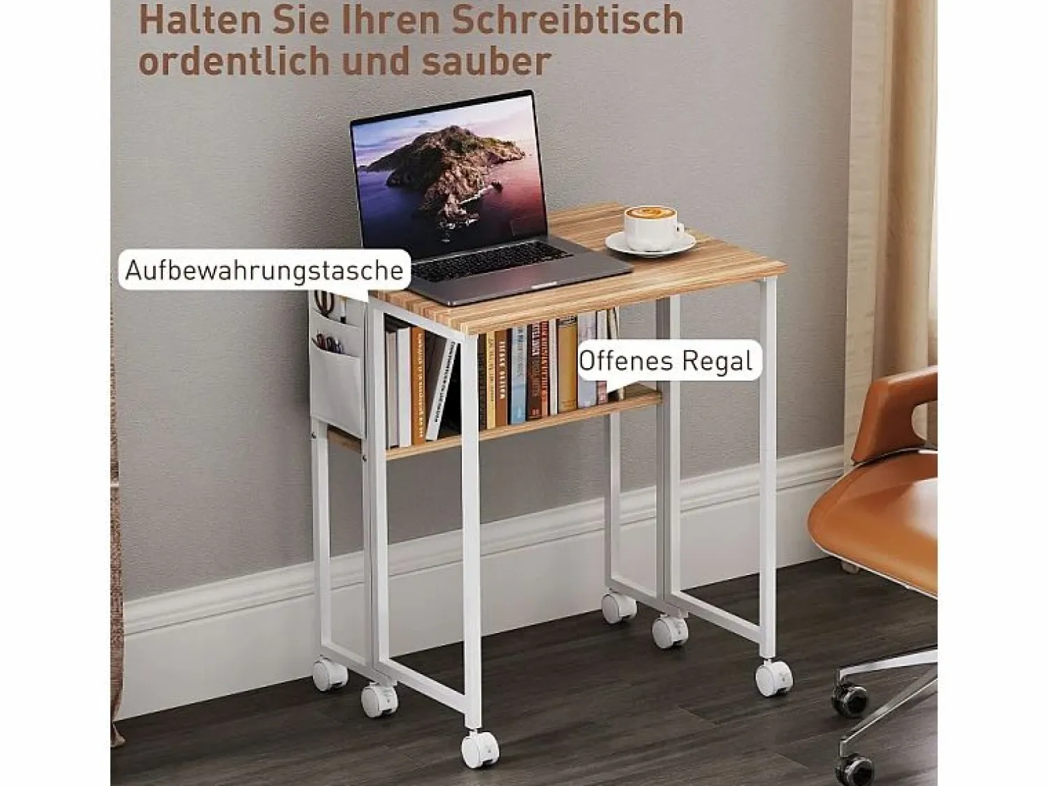 Escritorio plegable, diseño compacto, madera, natural, con estante y ruedas (63x50x75 cm)