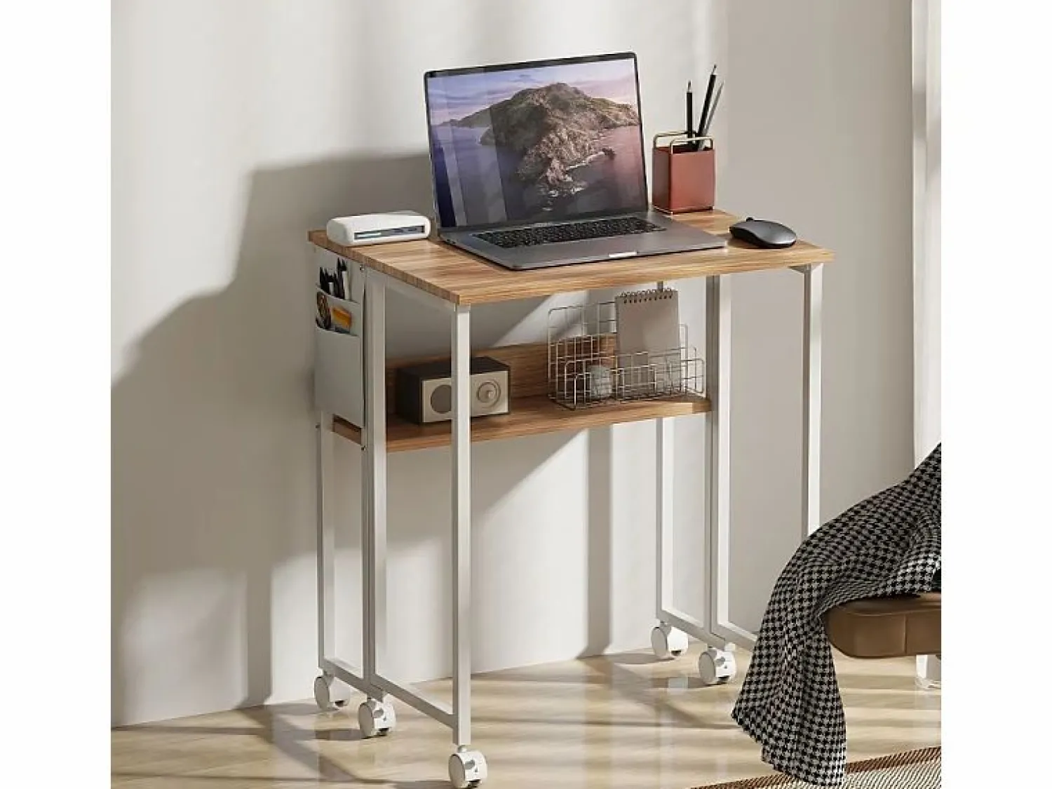 Escritorio plegable, diseño compacto, madera, natural, con estante y ruedas (63x50x75 cm)