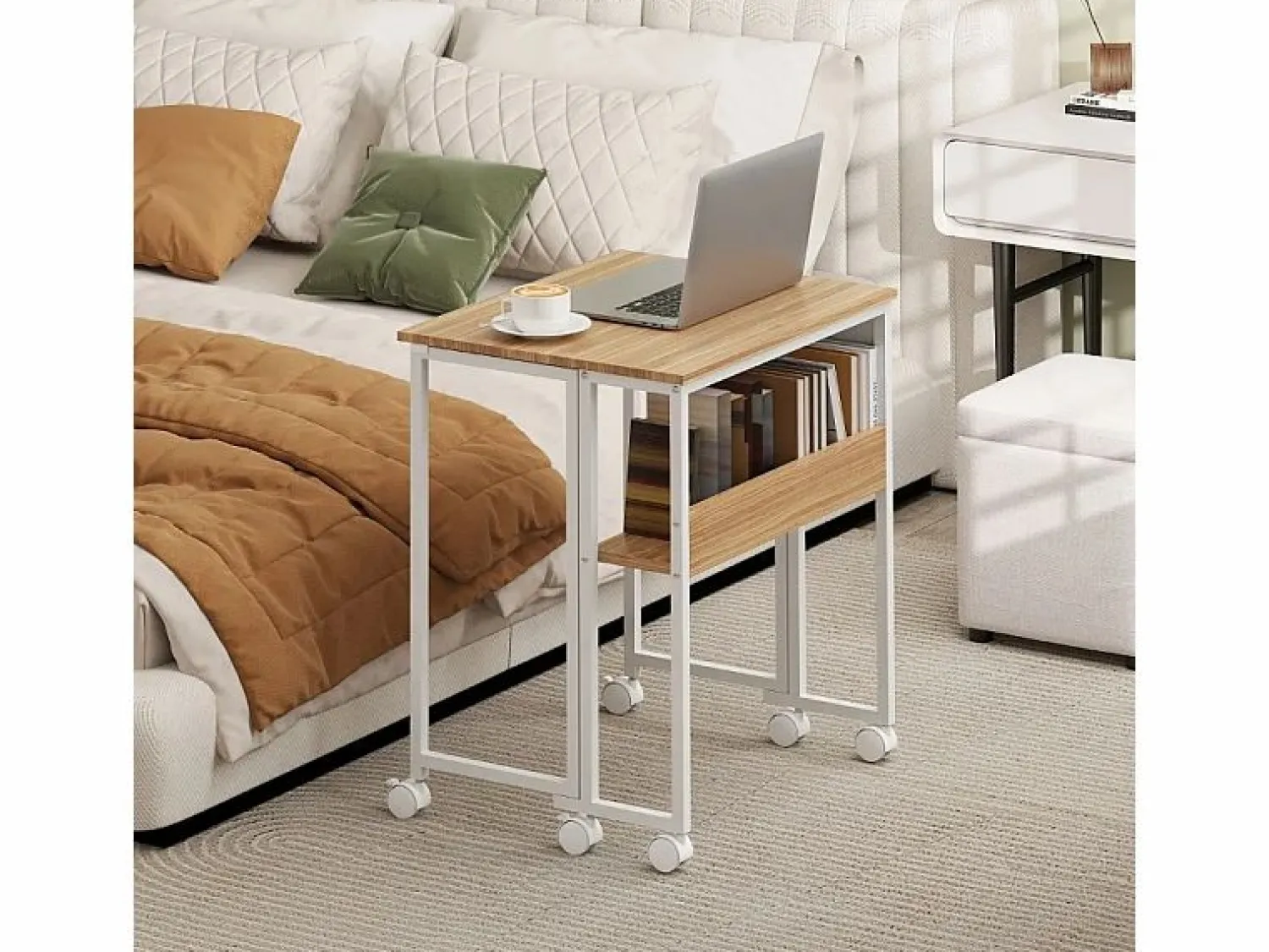 Escritorio plegable, diseño compacto, madera, natural, con estante y ruedas (63x50x75 cm)