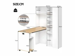 ModernLuxe Escritorio plegable 104.5x30.5x160 cm - con estantería - enchufes y puertos USB - Estantes ajustables - Con ruedas - +natural