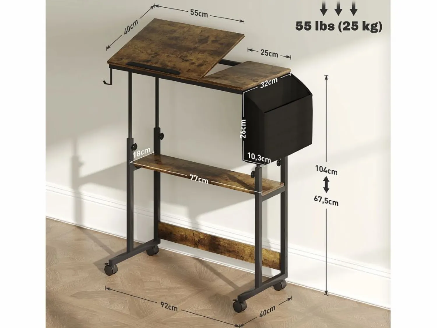 Escritorio regulable en altura con ruedas y espacio de almacenamiento, superficie inclinable, metal y madera, marrón rústico (92x40x67,5-104 cm)