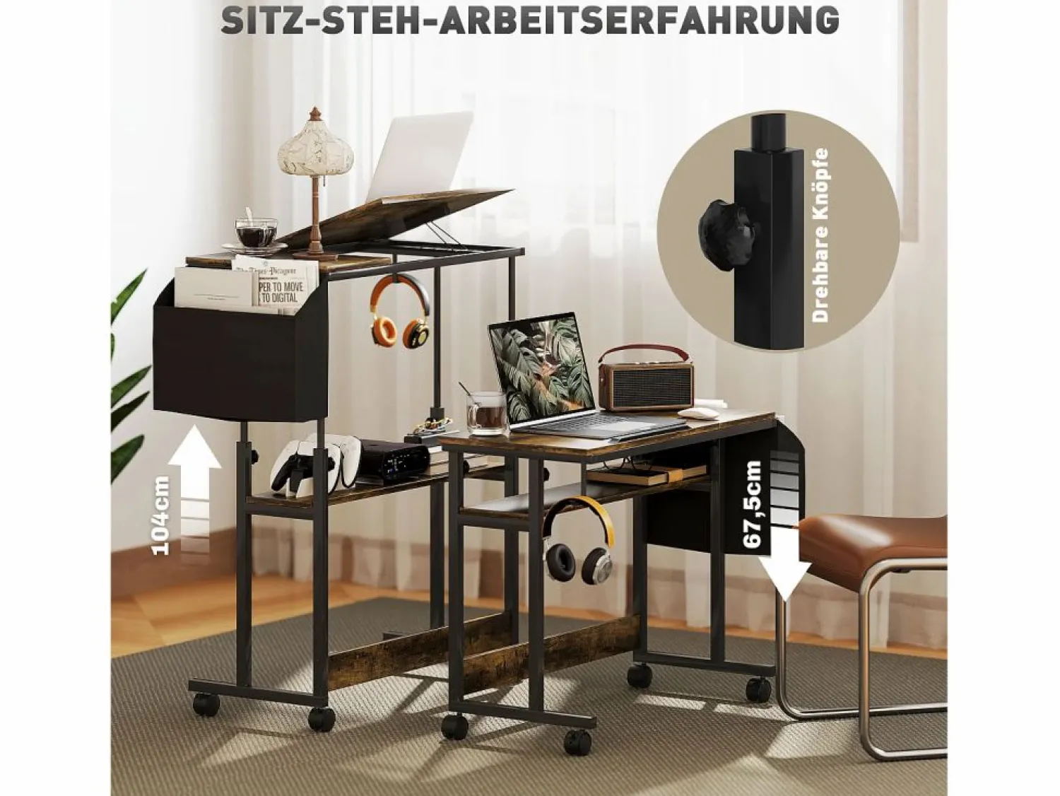 Escritorio regulable en altura con ruedas y espacio de almacenamiento, superficie inclinable, metal y madera, marrón rústico (92x40x67,5-104 cm)