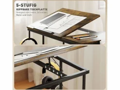 Escritorio regulable en altura con ruedas y espacio de almacenamiento, superficie inclinable, metal y madera, marrón rústico (92x40x67,5-104 cm)