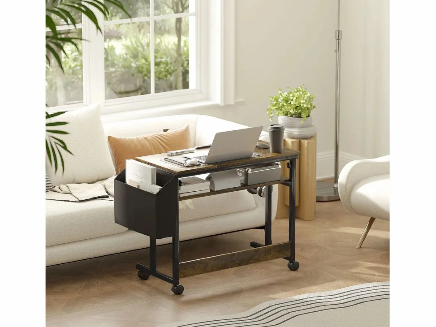 Escritorio regulable en altura con ruedas y espacio de almacenamiento, superficie inclinable, metal y madera, marrón rústico (92x40x67,5-104 cm)