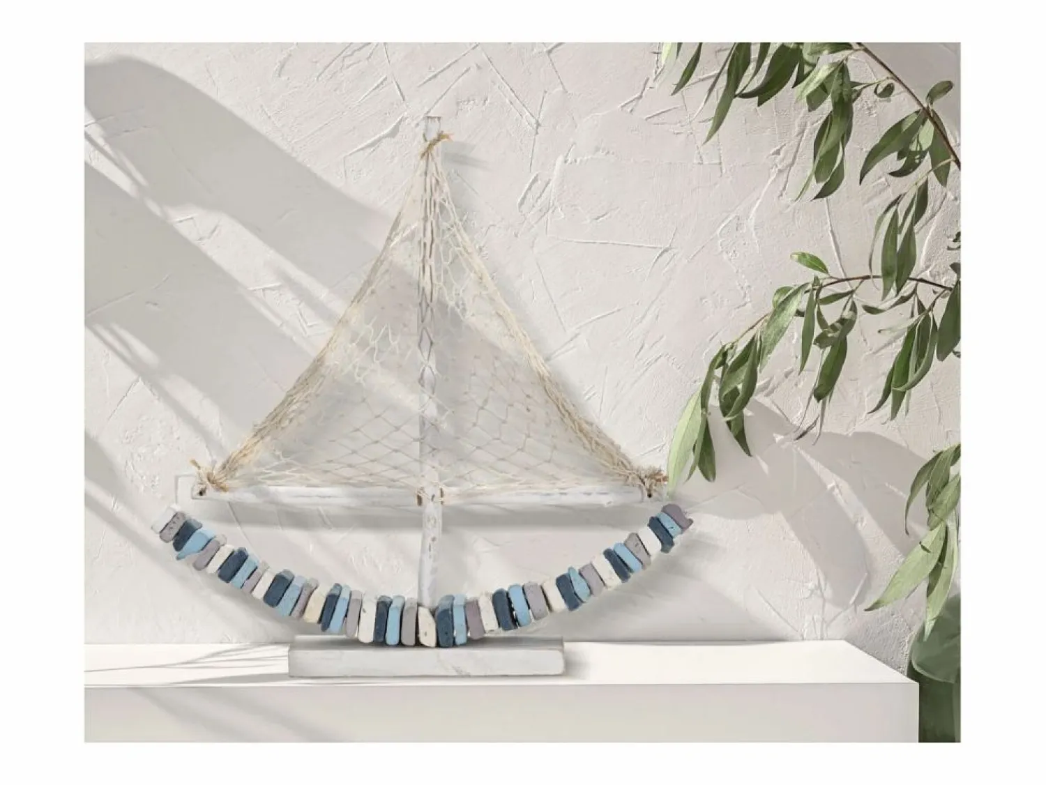 Outlet Escultura de velero en madera con red de tela 45x45x7cm Enok - Marino Azul