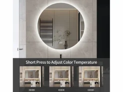 Espejo de baño con iluminación LED - 80 x 80 cm - Interruptor táctil - 3 colores de iluminación - Montaje en pared