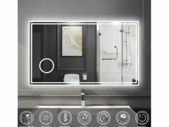 Clearance Espejo de baño con Led,120 x 70 cm, Luz led con tres colores,Con función antivaho, bluetooth y Lupa de aumento 3x. Transparente