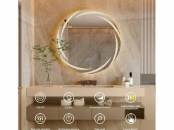 Fativo Espejo de baño de pared, espejo de tocador LED, espejo antivaho iluminado, espejo conectado, 3 pantallas táctiles, 60x60cm