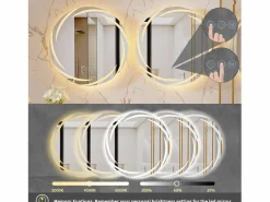 Fativo Espejo de baño de pared, espejo de tocador LED, espejo antivaho iluminado, espejo conectado, 3 pantallas táctiles, 60x60cm