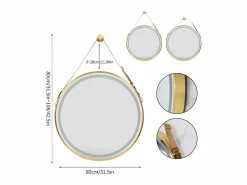 Fativo Espejo de baño LED redondo 80cm iluminación con 3 colores ajustables antivaho 80x80cm Dorado