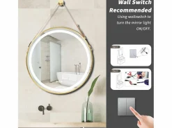 Fativo Espejo de baño LED redondo 80cm iluminación con 3 colores ajustables antivaho 80x80cm Dorado