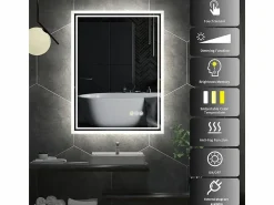 Fativo Espejo de baño LED 80x60cm espejo de pared con iluminación antivaho 80x60cm