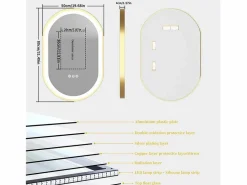 Outlet Fativo Espejo de baño LED 80x50cm espejo de pared ovalado antivaho 3 colores ajustables 80x50x4cm Dorado