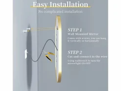 Outlet Fativo Espejo de baño LED 80x50cm espejo de pared ovalado antivaho 3 colores ajustables 80x50x4cm Dorado