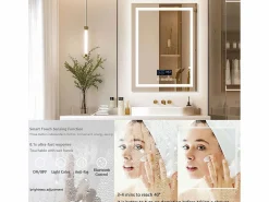Fativo Espejo de baño rectangular iluminado con LED regulable y 4 botones táctiles - antivaho - 90x70cm