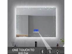 Espejo de baño, 100x80cm, espejo LED con altavoz Bluetooth, iluminación ajustable, función antivaho, indicador de temperatura