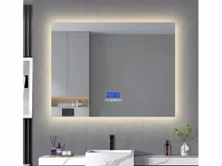 Espejo de baño, 100x80cm, espejo LED con altavoz Bluetooth, iluminación ajustable, función antivaho, indicador de temperatura