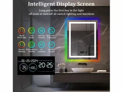 Discount Espejo de baño 90x70cm RGB y LED regulable + antivaho + Bluetooth 5.2 + Reloj + 3 colores 4 botones Accesorios De Cuarto De Baño|Espejo De Cuarto De Baño