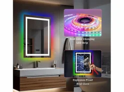 Discount Espejo de baño 90x70cm RGB y LED regulable + antivaho + Bluetooth 5.2 + Reloj + 3 colores 4 botones Accesorios De Cuarto De Baño|Espejo De Cuarto De Baño