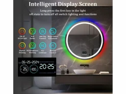 Discount Espejo de baño 80x80cm RGB y LED regulable + antivaho + Bluetooth 5.2 + Reloj + 3 colores 4 botones Accesorios De Cuarto De Baño|Espejo De Cuarto De Baño