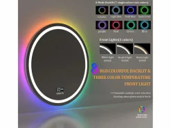 Discount Espejo de baño 80x80cm RGB y LED regulable + antivaho + Bluetooth 5.2 + Reloj + 3 colores 4 botones Accesorios De Cuarto De Baño|Espejo De Cuarto De Baño
