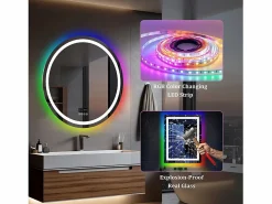 Discount Espejo de baño 80x80cm RGB y LED regulable + antivaho + Bluetooth 5.2 + Reloj + 3 colores 4 botones Accesorios De Cuarto De Baño|Espejo De Cuarto De Baño
