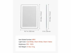Hot Espejo de Pared SucceBuy, 50 x 70 cm, Espejo de Baño LED, Montaje en Pared, Antiniebla, 3 Colores de Temperatura Ajustables Blanco