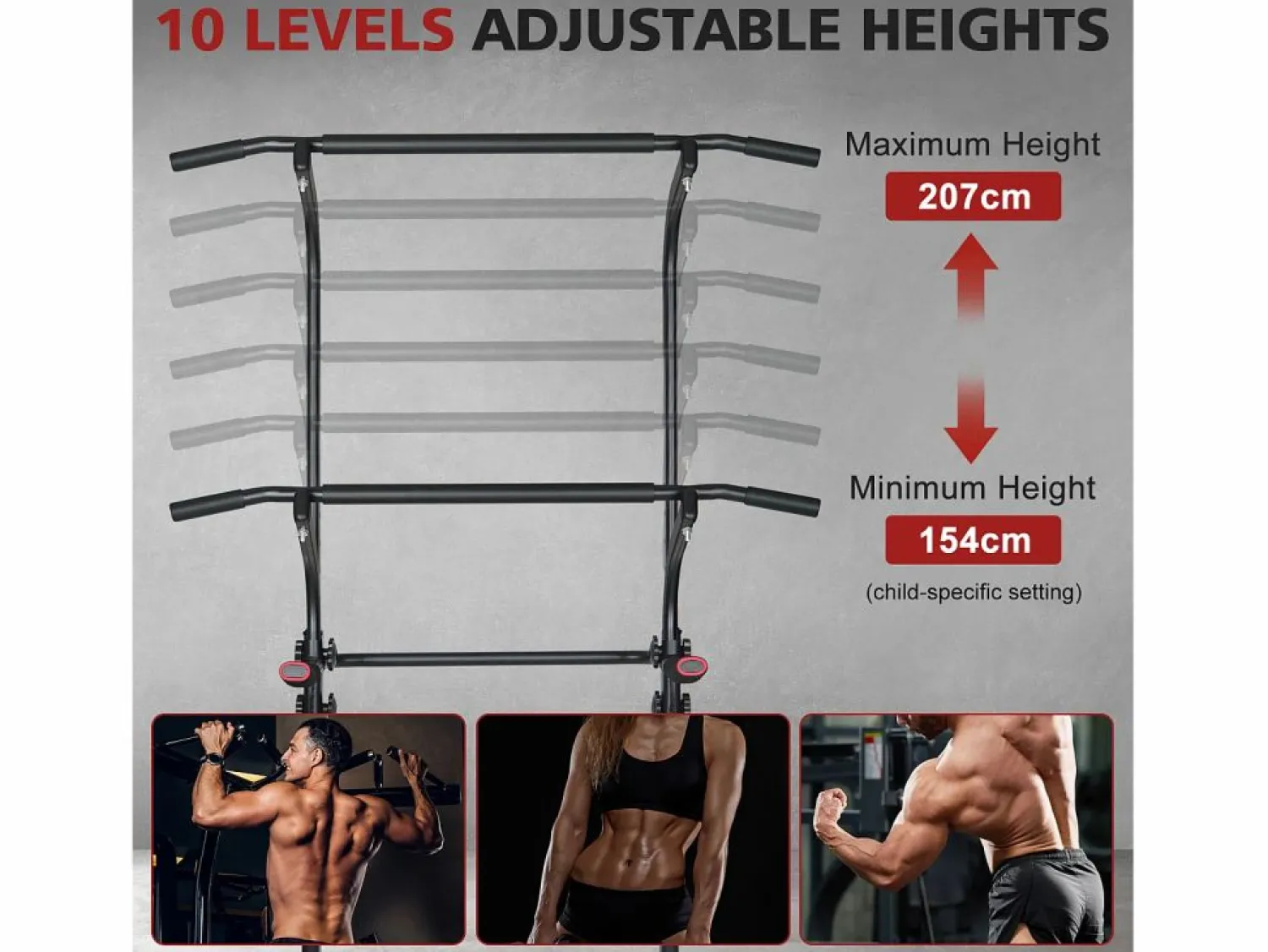 Clearance Estación de entrenamiento multifuncional de altura regulable, barra para dominadas y fondos, acero, (120x40x11 cm) Negro