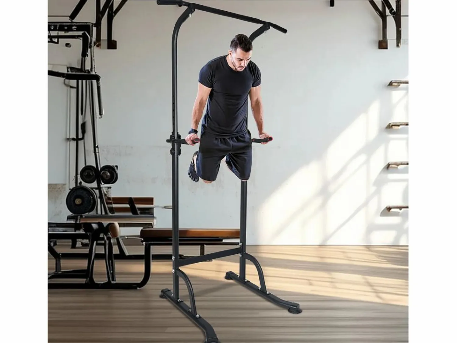 Clearance Estación de entrenamiento multifuncional de altura regulable, barra para dominadas y fondos, acero, (120x40x11 cm) Negro