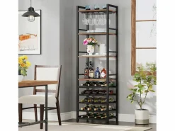 Tribesigns Estante de vinos autónoma de 9 niveles con soporte de vidrio y estantes de almacenamiento, Estante para botellas de vino, de color marrón rústico