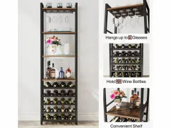 Tribesigns Estante de vinos autónoma de 9 niveles con soporte de vidrio y estantes de almacenamiento, Estante para botellas de vino, de color marrón rústico