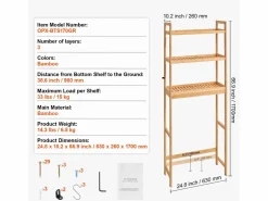 Estante Wc Meuble SucceBuy Estante de Almacenamiento a 3 Niveaux para Baños, Organizador ajustable en Bambú con 3 Ganchos, Autónomo
