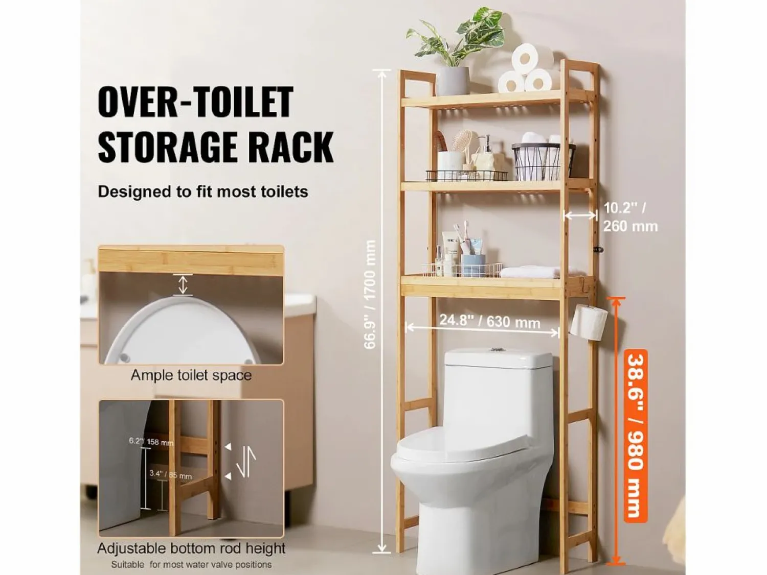 Estante Wc Meuble SucceBuy Estante de Almacenamiento a 3 Niveaux para Baños, Organizador ajustable en Bambú con 3 Ganchos, Autónomo