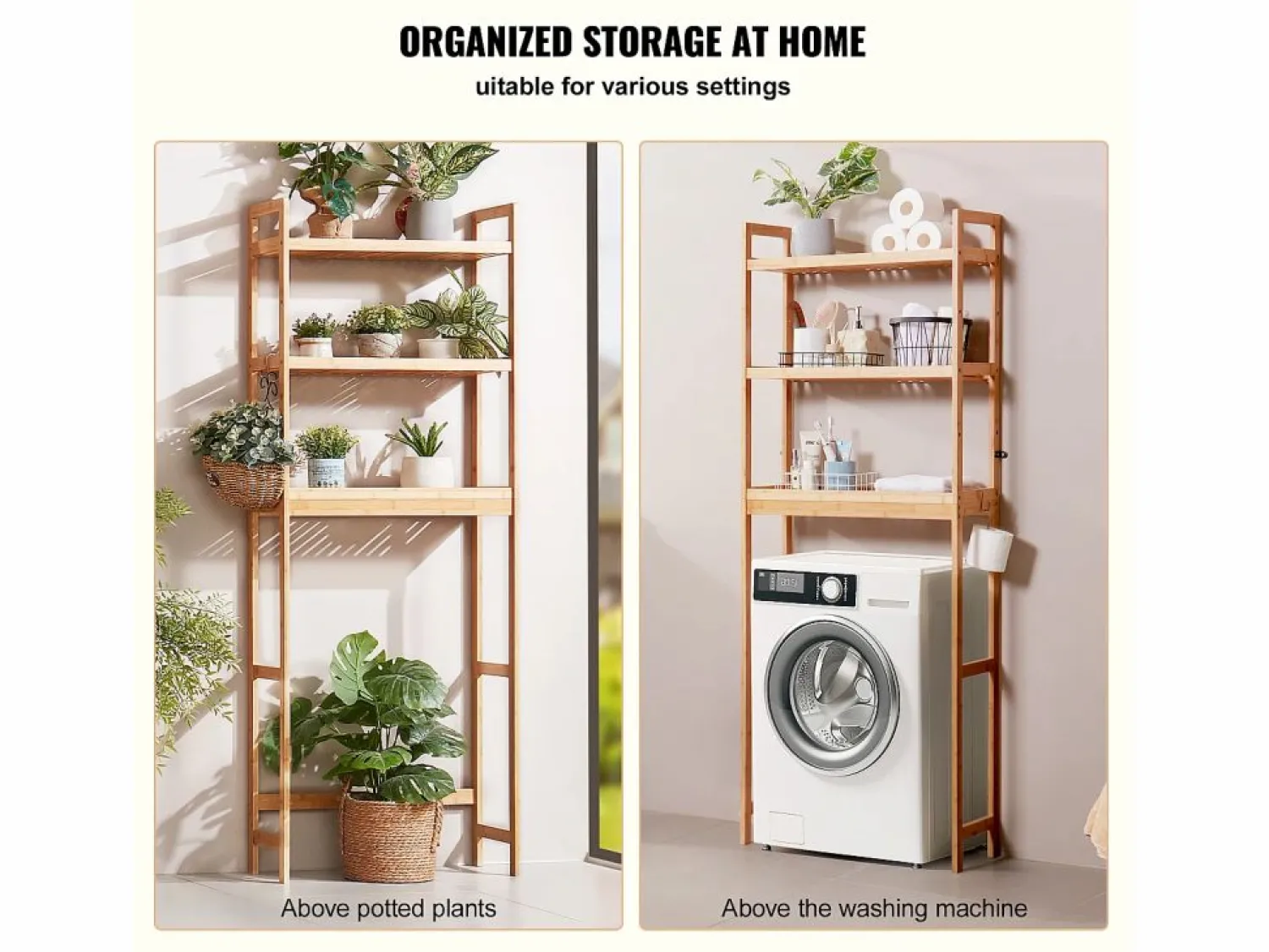 Estante Wc Meuble SucceBuy Estante de Almacenamiento a 3 Niveaux para Baños, Organizador ajustable en Bambú con 3 Ganchos, Autónomo