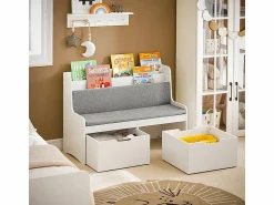 Sobuy Estantería con cojín de Asiento Banco Almacenamiento Infantil con 2 cajones con Ruedas 100 x 45 x 70 cm KMB66-W ES