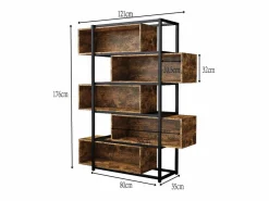 Estantería de 5 niveles con estantes - 121 x 35 x 176 cm - Madera MDF y tubo de acero - Marrón Librería