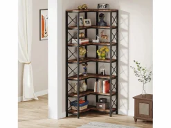 Clearance Estantería de esquina, estantería de esquina industrial grande, estantería de esquina independiente con marco de metal para sala de estar, hogar, oficina (marrón rústico) (7 estantes) Librería