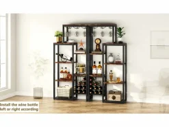 Tribesigns Estantería para vinos autónoma de 5 niveles con soporte de vidrio y espacio para almacenar vinos, estantería industrial para bar, cocina, comedor (marrón)
