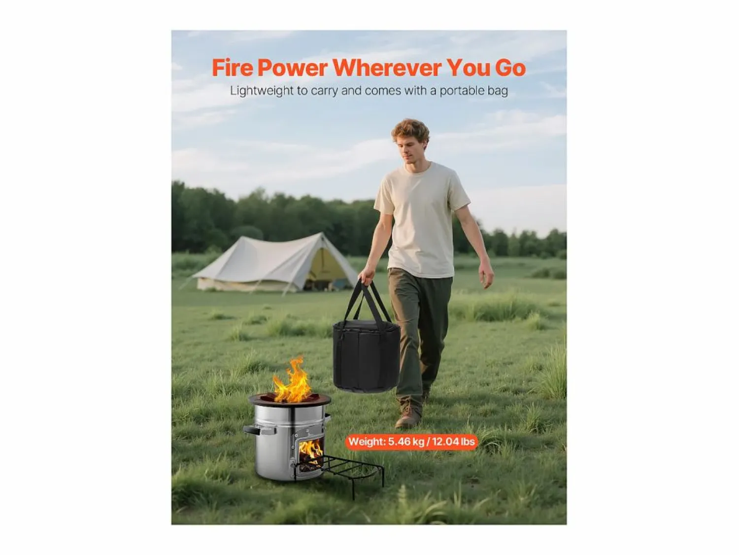 Estufa de Camping Rocket SucceBuy, Estufa de Leña Portátil de Acero Inoxidable, con Bolsa de Transporte, Puerta Simple, Estufa Cohete para Cocina y Calefacción
