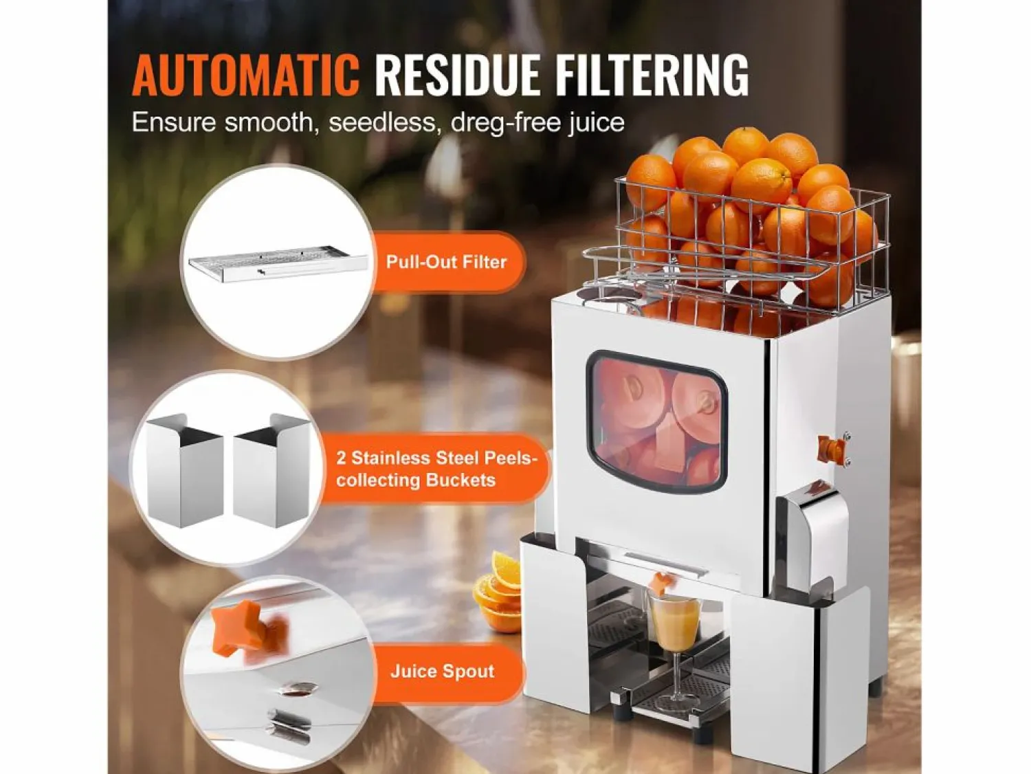 Exprimidor de Jugo de SucceBuy Extractorde Jugo de Comercial 120 W, Exprimidor de Cítricos en Acero Inoxidable con Caja de Filtro Extraíble