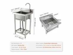 Fregadero de acero inoxidable SucceBuy de un solo seno para uso comercial, 55 x 50 x 95 cm