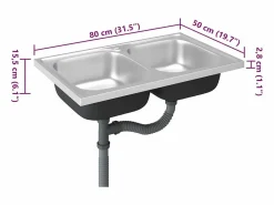 Fregadero de cocina de doble seno de acero inoxidable de 800x500x155 mm.