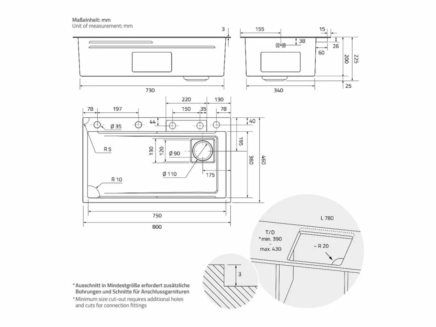 Hot ML-DESIGN Fregadero de cocina 80x46 cm lavabo rectangular antracita acero con accesorios Gris antracita