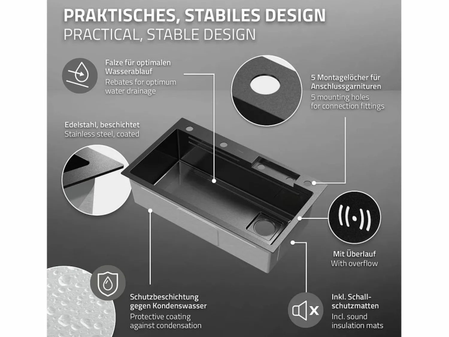 Hot ML-DESIGN Fregadero de cocina 80x46 cm lavabo rectangular antracita acero con accesorios Gris antracita