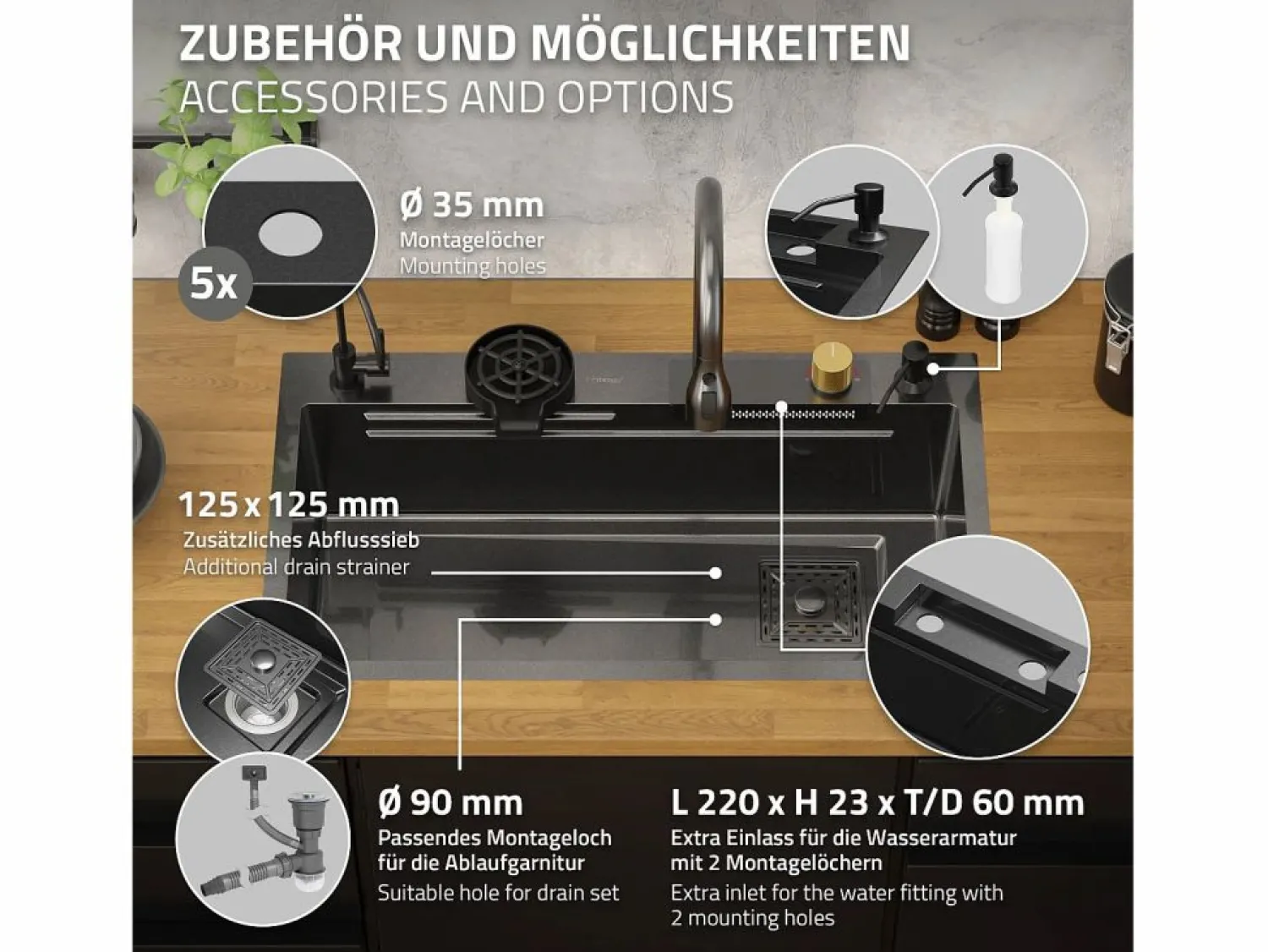 Hot ML-DESIGN Fregadero de cocina 80x46 cm lavabo rectangular antracita acero con accesorios Gris antracita